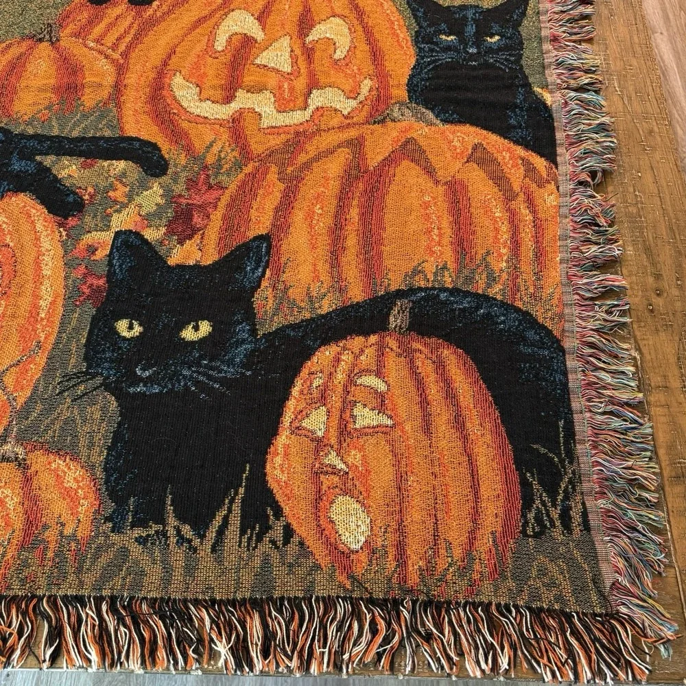 Halloween Black Cat Pumpkin Tapestry Autumn Fall Decor Blanket Throw 63